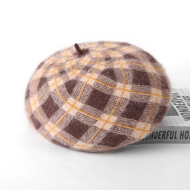 Beret Hat Women Winter Autumn Angora Wool Knit Beanie Plaid Warm Skiing Accessory For Sports Outdoors Holiday 241226