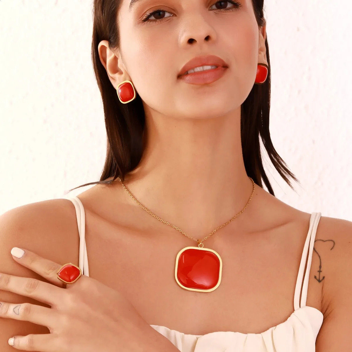 ESALE Fashion and exaggerated steel square pendant necklace bracelet earring ring womens jewelry set 241226