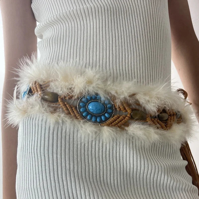 Bohemian Weave Belts Vintage Cowgirl Belt Y2k Metal Plush Waxed Rope Waist Furry Fur Waistband Punk Night Club Beach 241231