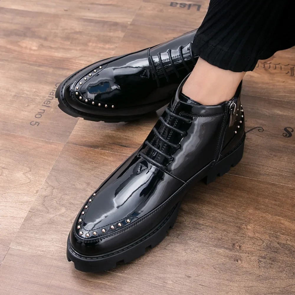 Male Patent Leather Moccasins Shoes High Top Italian Formal Dress Brogue Oxford Wedding Business Shoes Boots Shoes for Men 241231