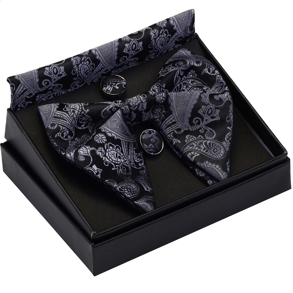 Fashion Silk Big Bowtie Handkerchief Cufflinks Set Bule Black Paisley Floral Jacquard Hanky Bow Ties For Men Business With Box 241230