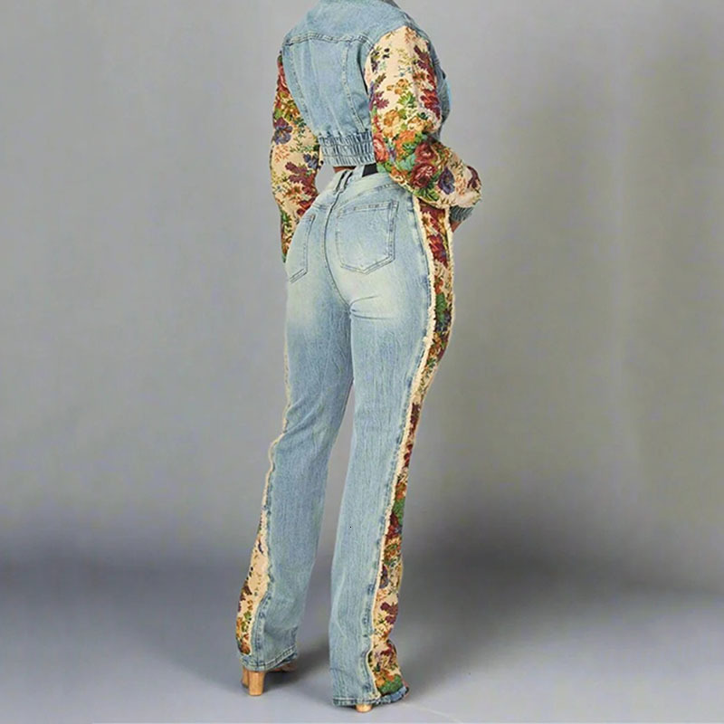 Winter New Items Fashion Two-Piece Set For Women Print Patchwork Denim Coat High Waist Long Jeans Female