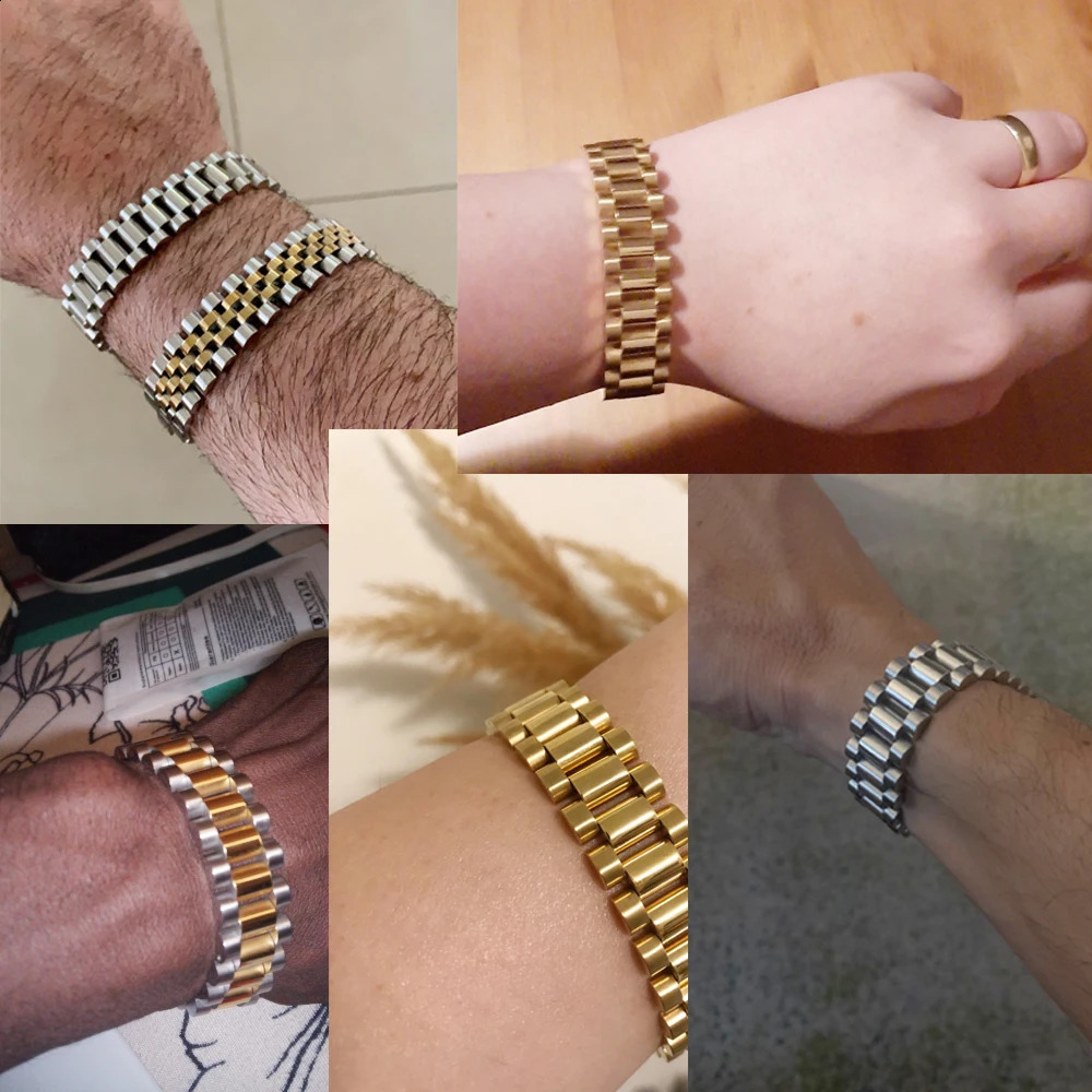 15MM 7 8 9 Stainless Steel Watch Band Link Chain Mens Bracelets For Man Gold Color Hand Bracelet Length Adjustable Wholesale 241230