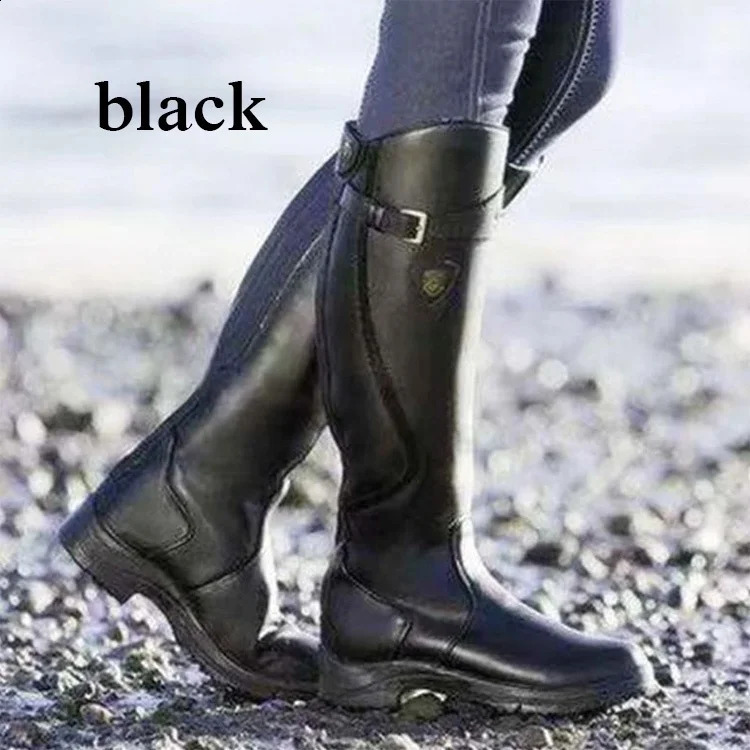 Women Winter Fashion Leather Low Heel Boots Zipper Knight Boots Vintage Outdoor Riding Boots Long Boots Knee High Boots 241231