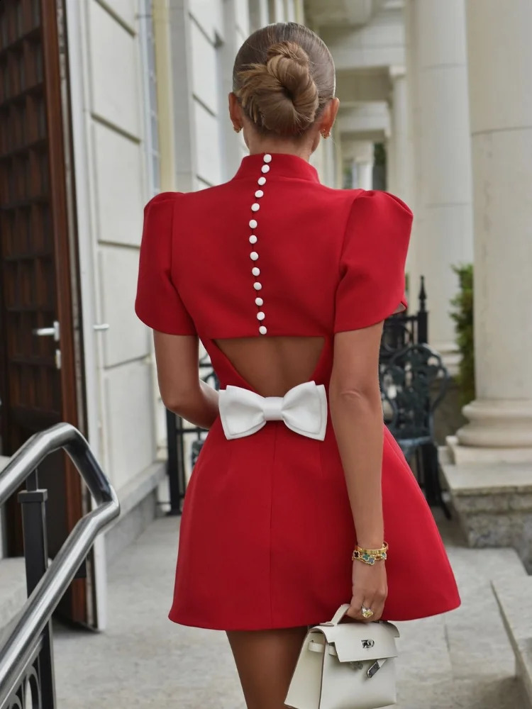 Elegant Women Formal Hollow Red O-neck Mini Dress Fashion Bow Pad Shoulder Evening Vestidos Ladies Street Party Vestidos 241226
