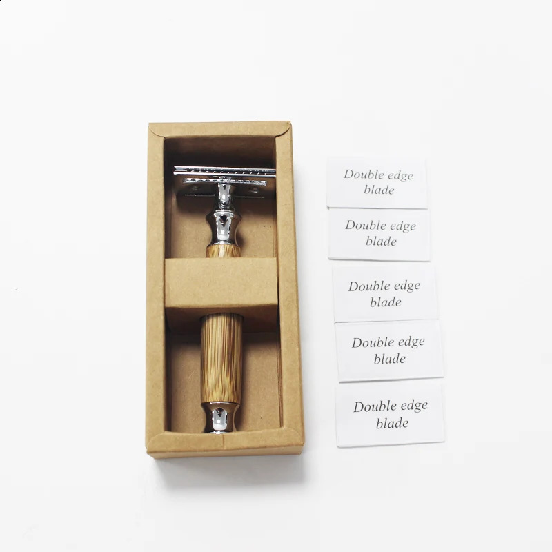 1pcs Wet Shaving Safety Blade Razor Shaver Wooden Handle Barber Mens Manual Beard Hair Care Tool With 5 Blades 241230