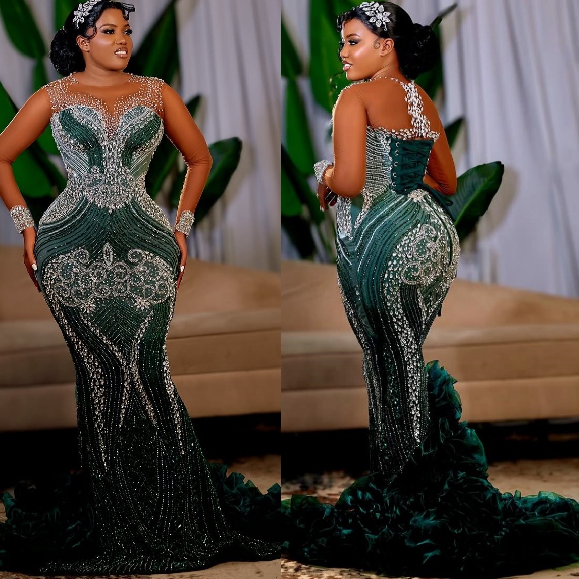 Dark Green Mermaid Prom Dresses 2025 Sequined Crystals Luxurious Evening Formal Party Second Birthday Engagement Gowns Plus Size Dress For Special Occ