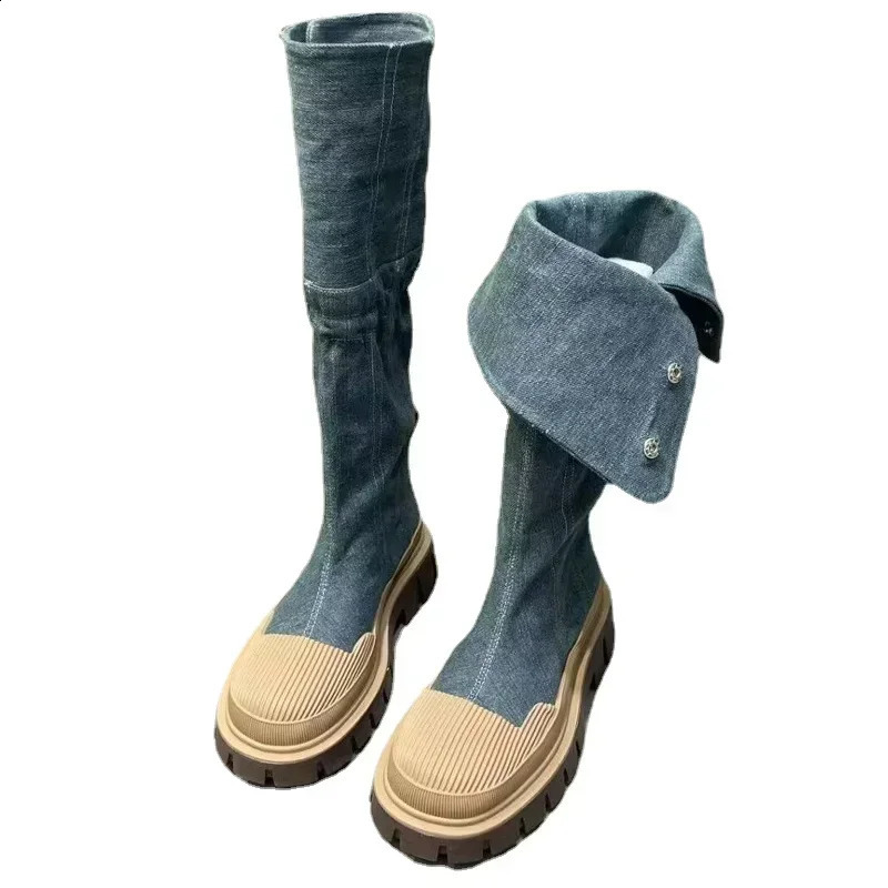 Denim Chelsea Knee High Boots Women Platform Shoe Winter Flats Shoes Goth Motorcycle Boots Casual Shoes Botas 241231