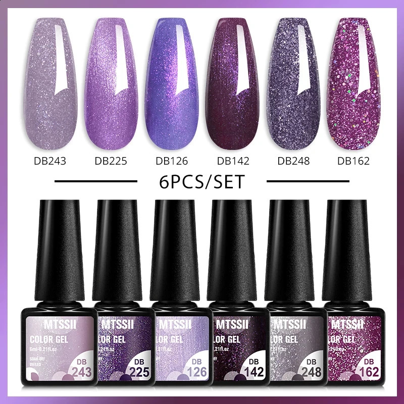 6Pcs/Set Purple Glitter Bright Gel Nail Polish Set Semi Permanent Spring Summer Colors Series Soak Off UV Nail Art Gel Varnish 241230