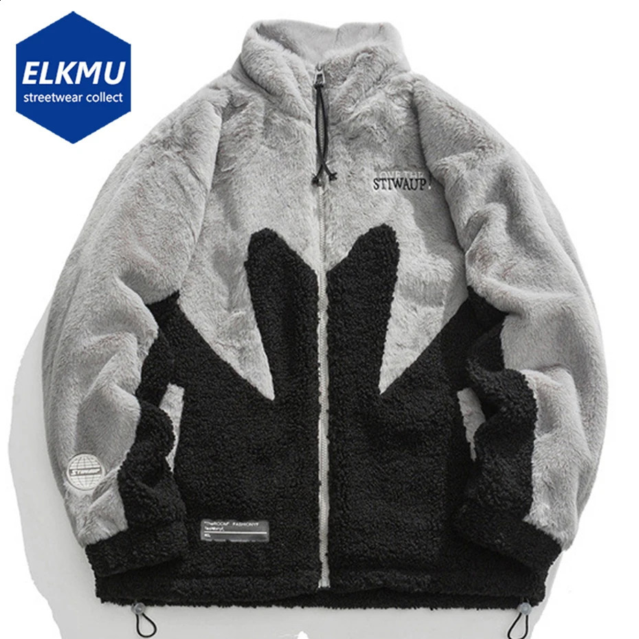 Winter Plush Parkas Jackets Hip Hop Vintage Color Block Fluffy Fuzzy Fleece Lambswool Coats Men Streetwear Warm Padded Jackets 241225