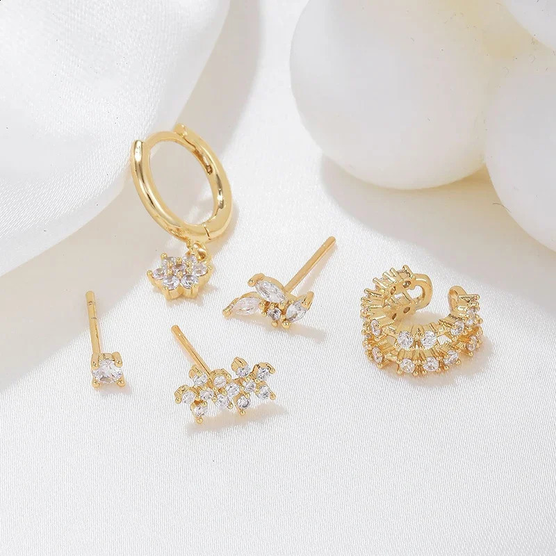 Exquisite Gold Color Star Dangle Earrings Women Fine Zircon Piercing Flower Stud Earrings Set Fashion Jewelry Gift Wholesale 241230