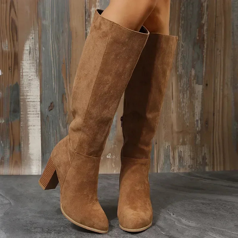 Women Retro High Heels Boots Western Cowboy Chunky Shoes Winter Warm Plush Leather Knee High Long Suede Boots 241231