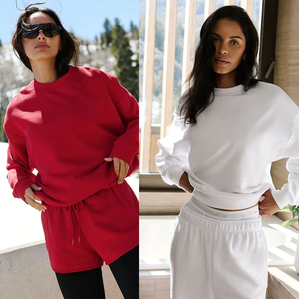 Women Sportswear Plush Sweatshirt Winter Long Sleeve Rib Round Neck Loose Hoodies Exquisite Embroidery Casual Tops