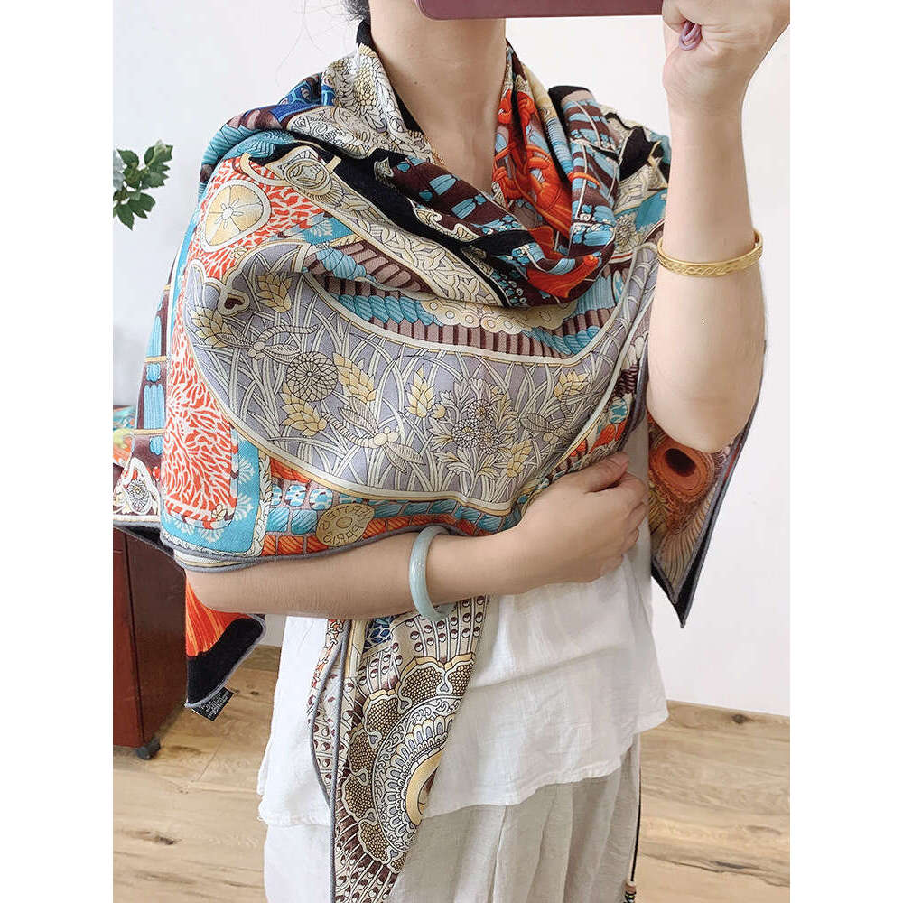 Warrior armor, wool, generous multi color printed, hand rolled edge, autumn and winter warm silk wool scarf, shawl for women