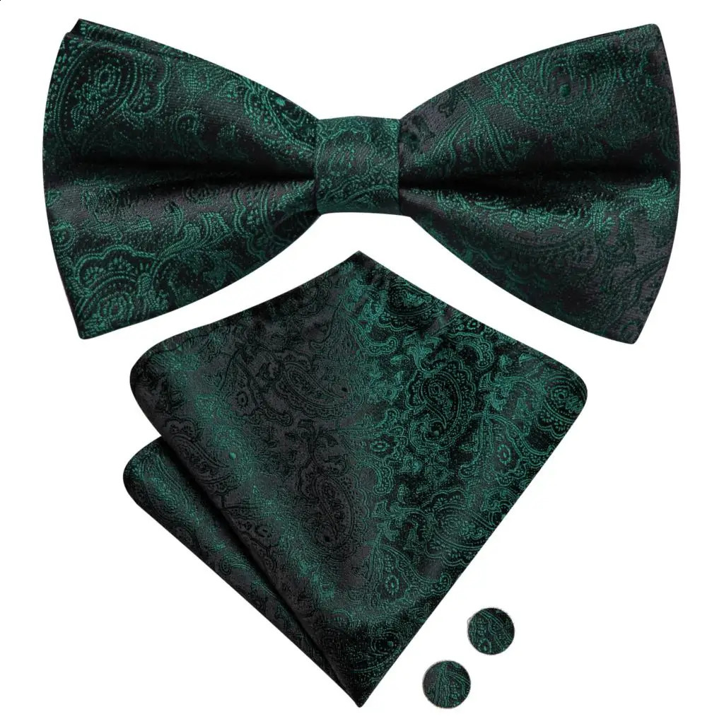 Hi-Tie Jacquard Paisley Dark Green Bowtie for Men Silk Butterfly Tie Bow Tie Hanky Cufflinks Wedding Party Gift Bowtie Wholesale 241230