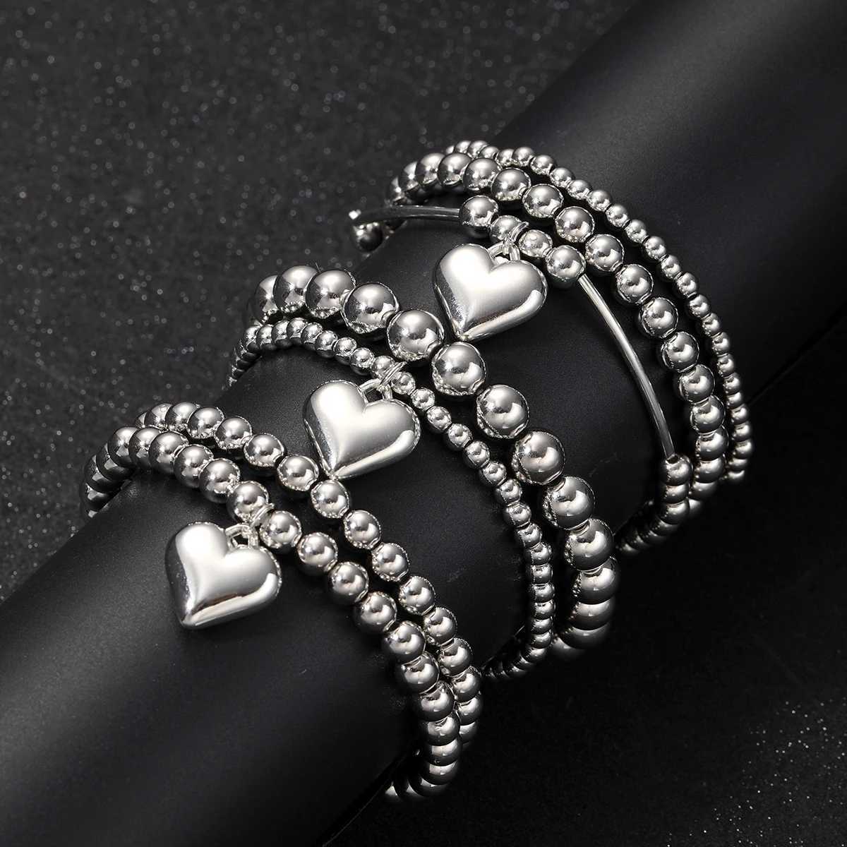 7 pieces/set of unique heart-shaped charm bead bracelet set for women retro simple silver exquisite multi-layer bracelet jewelry gift W241231