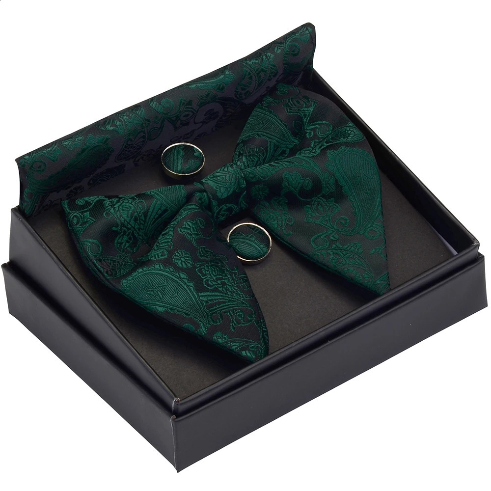 Fashion Silk Big Bowtie Handkerchief Cufflinks Set Bule Black Paisley Floral Jacquard Hanky Bow Ties For Men Business With Box 241230