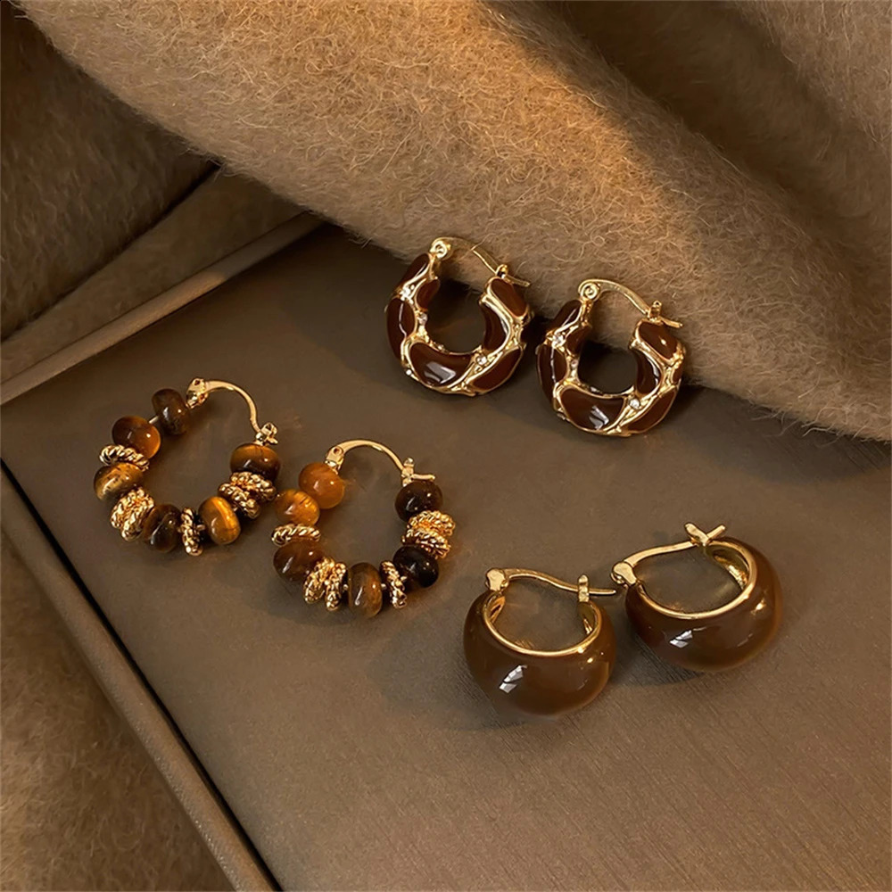 Women Korean Brown U-shaped Hoop Earrings Vintage Simple Tortoiseshell Color Dripping Oil Tiny Ear Studs Daily Exquisite Jewelry 241230