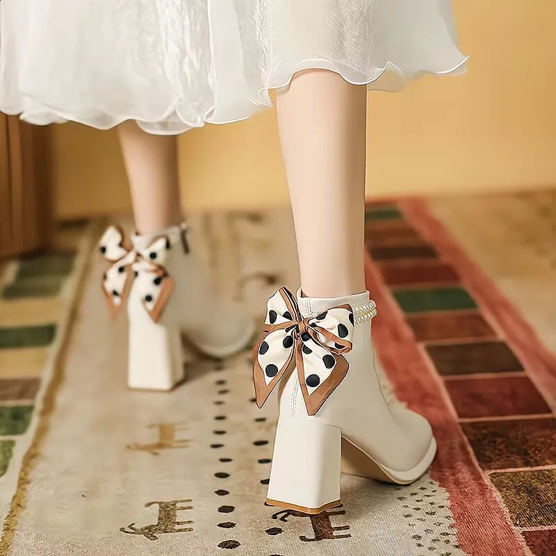 Chelsea Bow Bead Chunky Boots Women Sexy High Heels Shoes Trend Winter Square Toe Ankle Boots Pumps Motorcycle Botas 241231