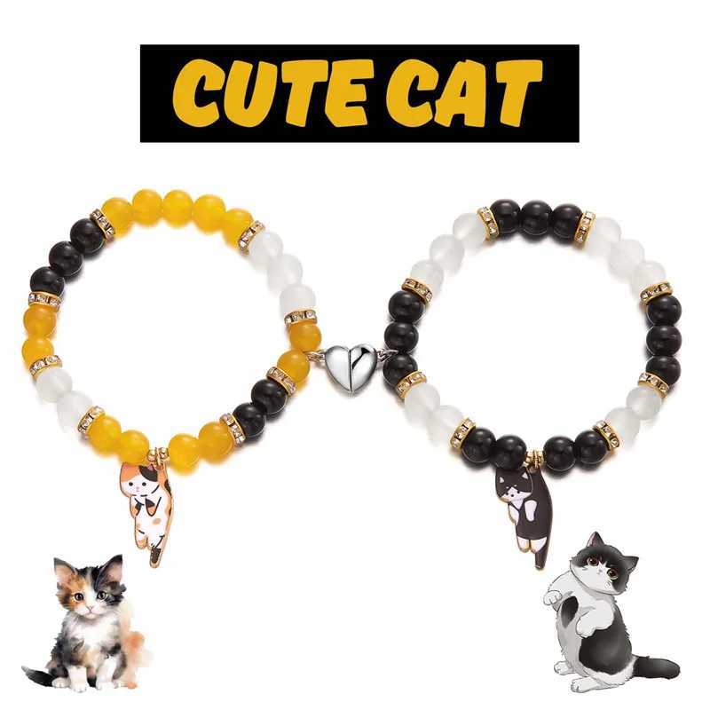 New Cute Cat Pendant Bracelet for Men 2PCS Fashion Beaded Heart Matching Bracelet Unique Couple Jewelry W241231