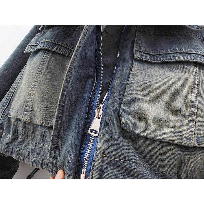 Winter Down Cotton Denim Women Cowboy Outerwear Loose Short Vintage Blue Hooded Big Pocket Jeans Jacket Coat Female
