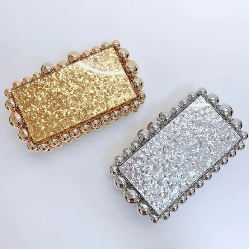 Gold Evening Bags for Women Acrylic Beads Shoulder Bag Lipstick Square Box Phone Purse Clutch Bag Female Handbag 241231