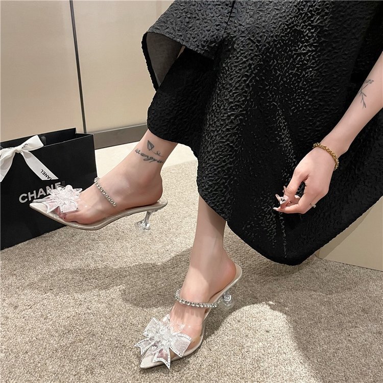 Ddmywed High Heels 2023 Summer Fashion Outwear, Pointed Rhinestone Square Buckle, Transparent One Line Strap, Slim Heel Slippers Chinese Brand Shoes F