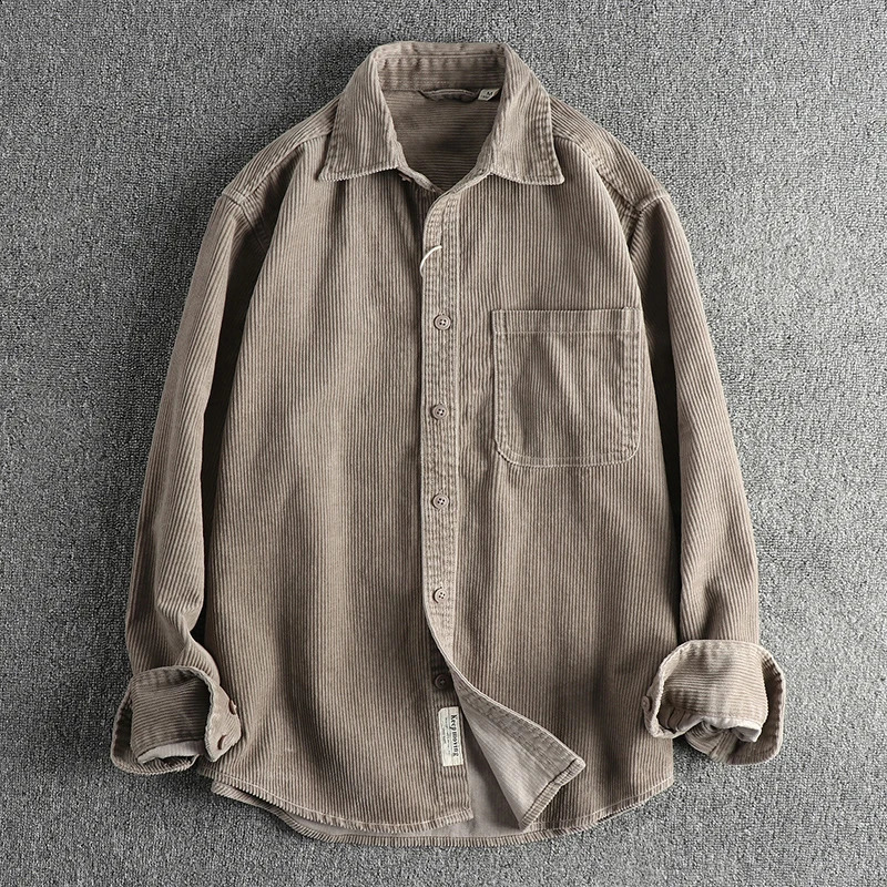 Cotton corduroy wash long sleeve shirt mens American khaki trend single pocket shirt coat 241228