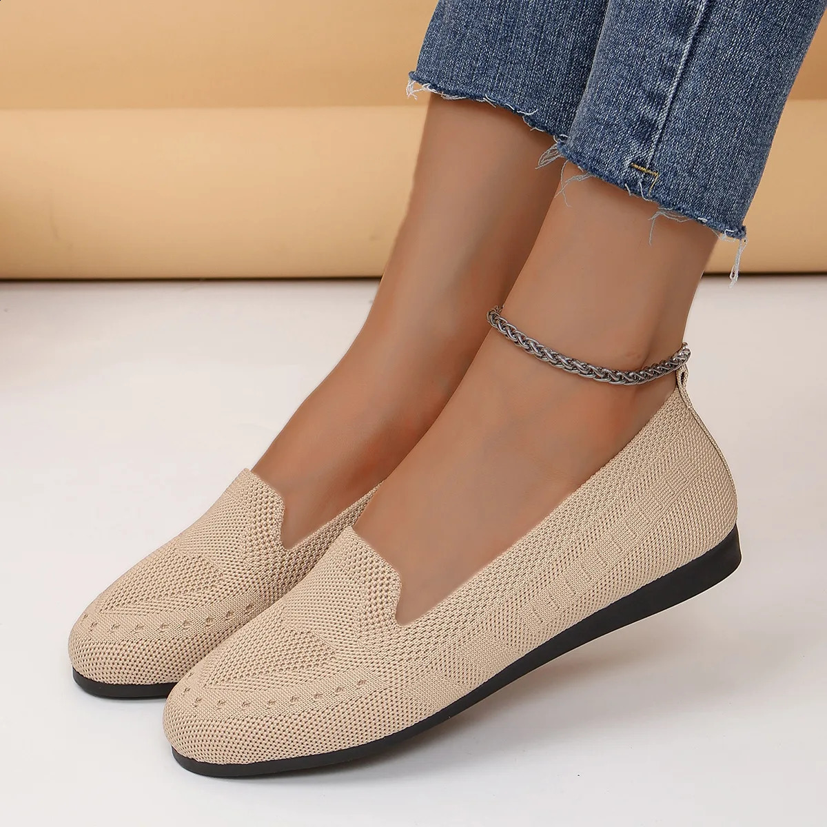 Plus Size 43 Womens Casual Round Toe Flat Shoes Solid Color Knitted Slip on Office Work Boat Shoe Loafers Zapatos Mujer 241225