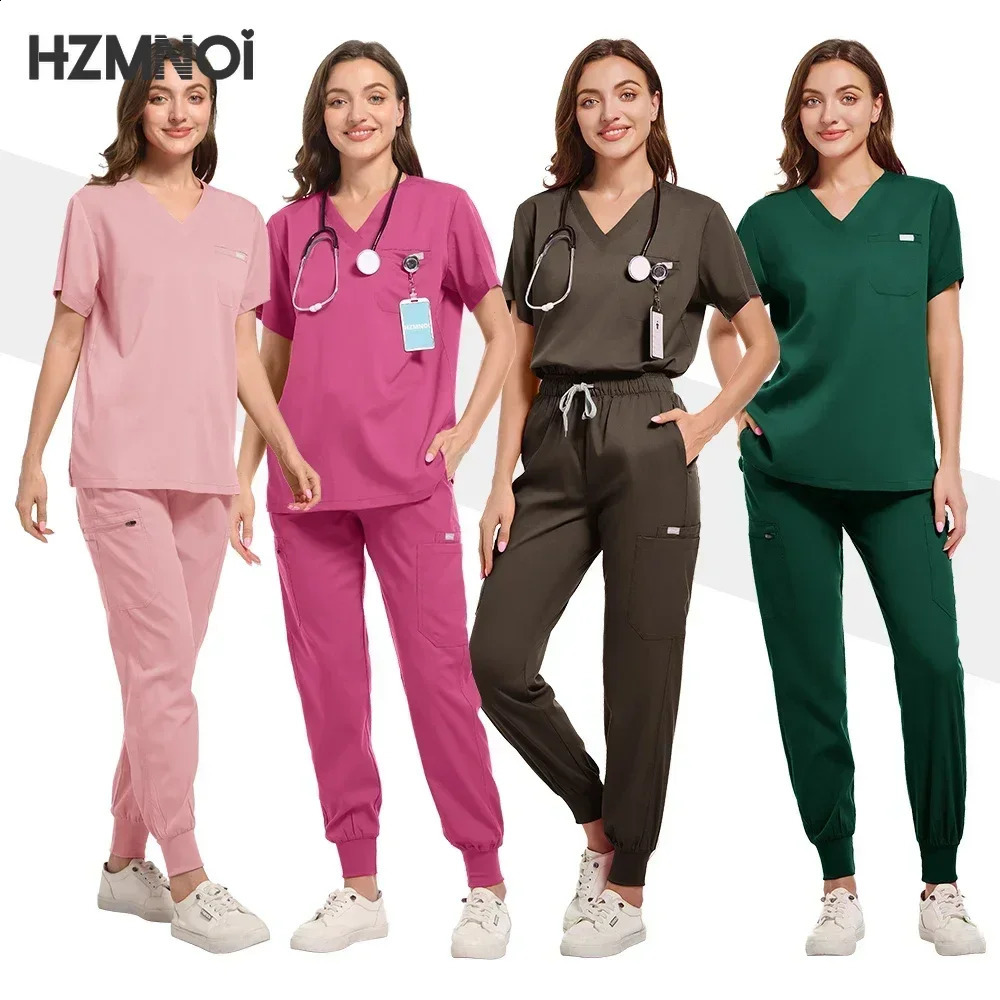 High Quality Nursing Scrubs Women Uniforms Pet Grooming Scrub Set Short Sleeved V-neck Top and Pants Surgery Work Clothes 241230