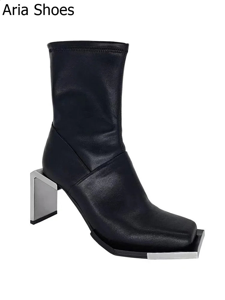 Women Boots Metal Square Toe Square Heel Novelty Fashion Ankle Boots Black Genuine Leather Mid-Calf Boots Winter Shoes 241231
