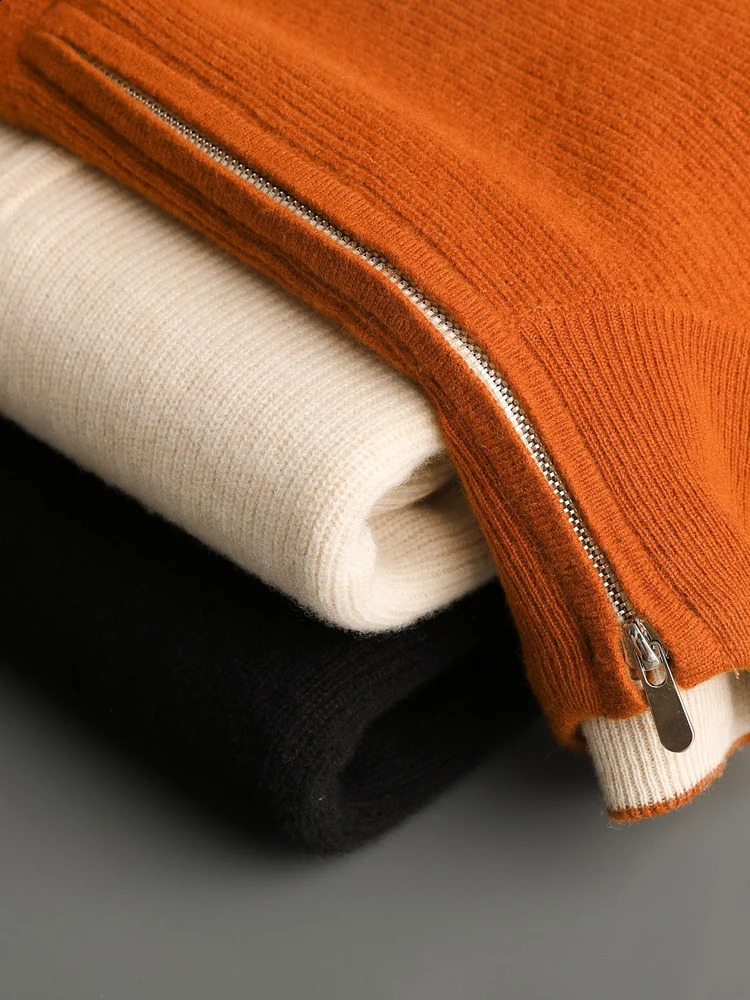 Men Zipper Mock Neck Cashmere Pullover Autumn Winter 100% Merino Wool Sweater Color Contrast Knitwear Smart Casual Jumpers 241230