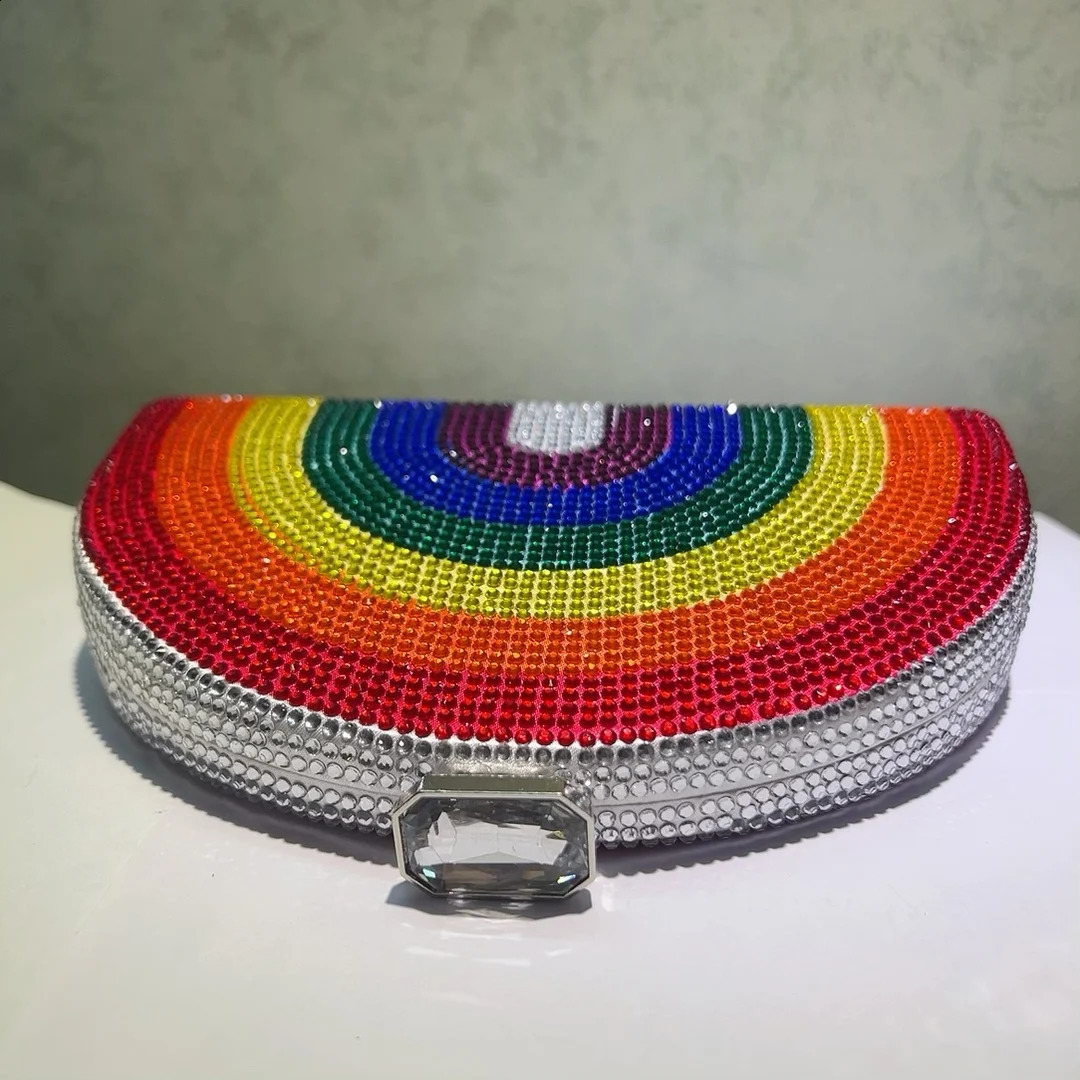 Rainbow Color Crystal Evening Clutch Bags Wedding Party Chain Bag Women Boutique Half Moon Rhinestone Purses And Handbags 241231