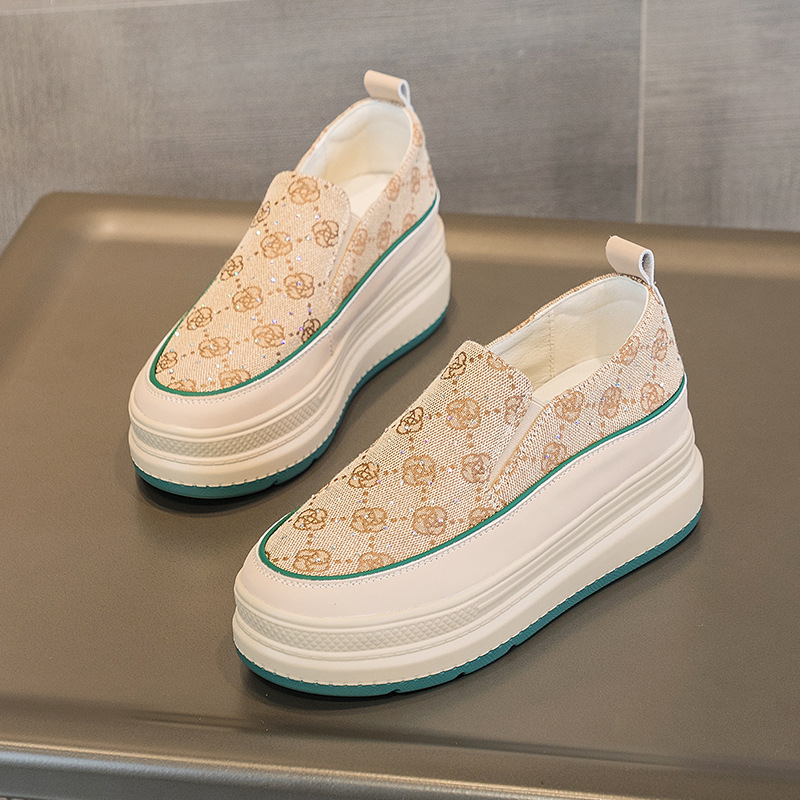 Women's fashion shoes 2025 spring and autumn new thick soles increase canvas shoes breathable trend all matching printed single shoes