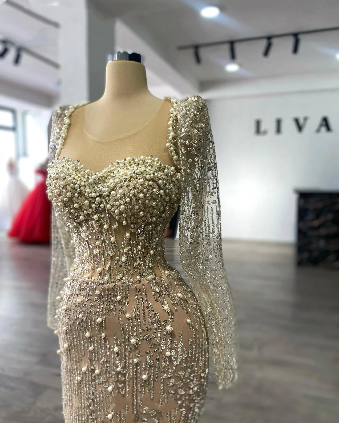 Evening Dresses For Women Sheer Neck Long Sleeves Gown Sequins Pearls Sweep Train Customized Dress Party