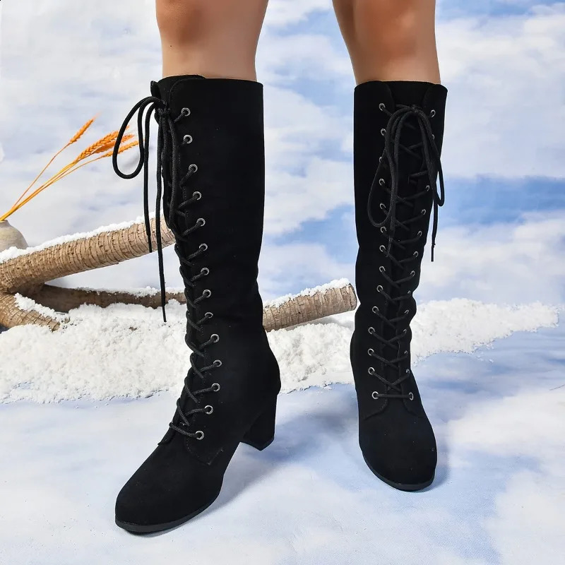 Fashion Woman Boots Woman Lace-up Chelsea Boots Winter Short Knee-high Booties RoundToe Thick Heels Botines Mujer Black Shoes 241231
