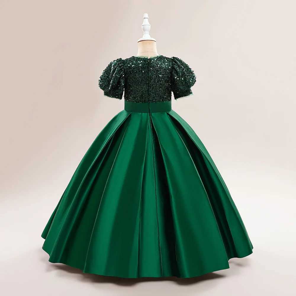 Sparkling Elegant Childrens Par Dress Girls Green Christmas Wedding Dress Bow Girls Evening Dress 4-14Y W241231