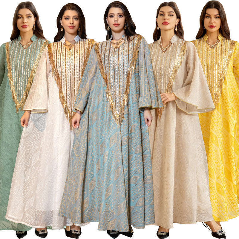 Muslim Evening Arab Dubai Dress Mesh Embroidered Sequined Robe Women's Wear