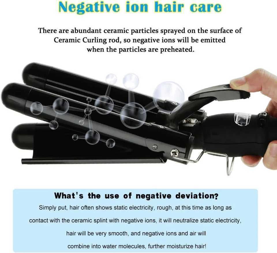 Three barrel curling iron ceramic curling iron with LCD display screen adjustable temperature three barrel curling tool fast heating W241231