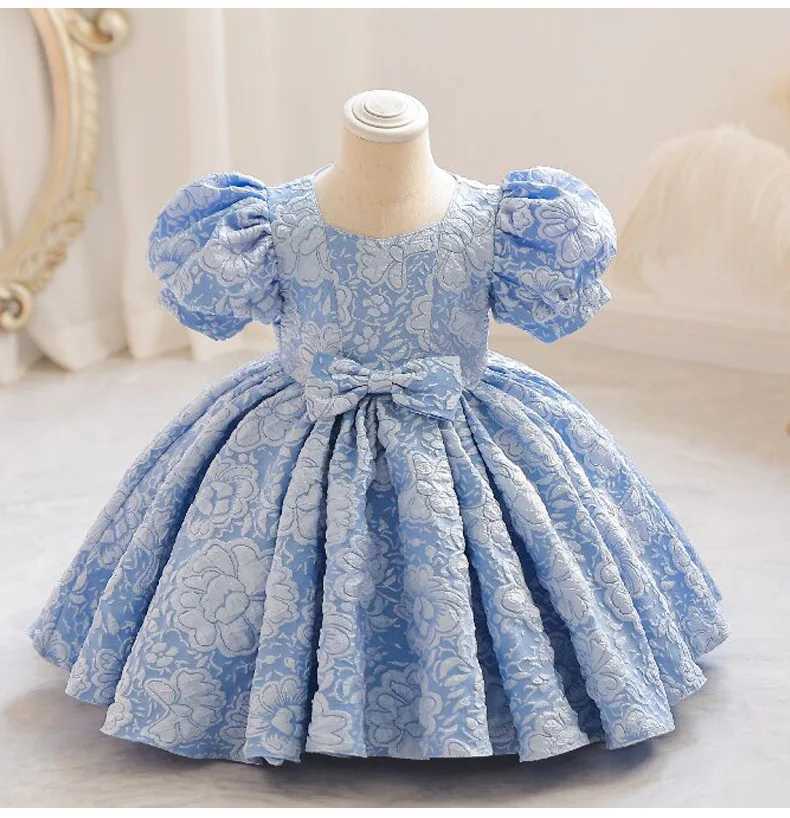 New Bubble Sleeve Girls First Year Wedding Dress Flower Girls Birthday Dress Bow Cute Fluffy Dress W241231