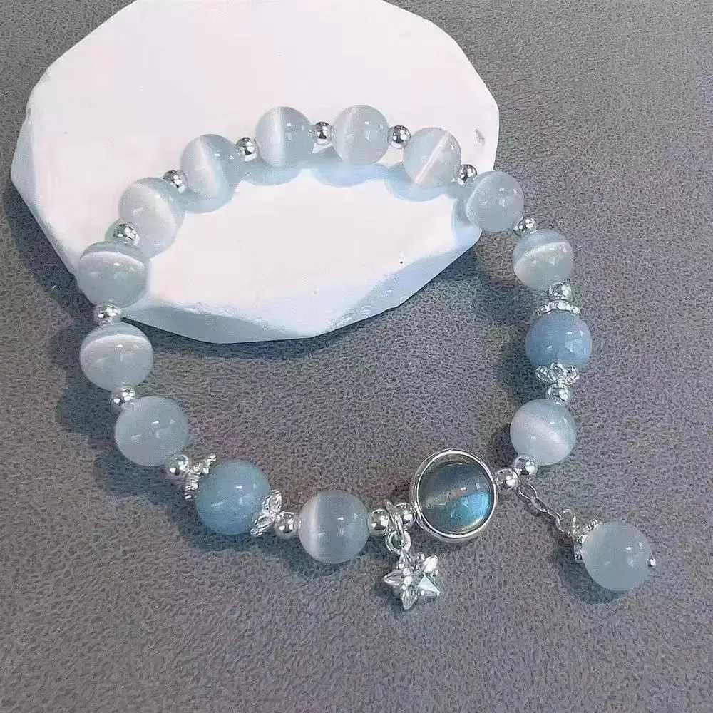Glass Protein Stone Sea Blue Treasure Moonlight Crystal Bracelet Light Luxury Elastic Bracelet Womens Jewelry Accessories W241231