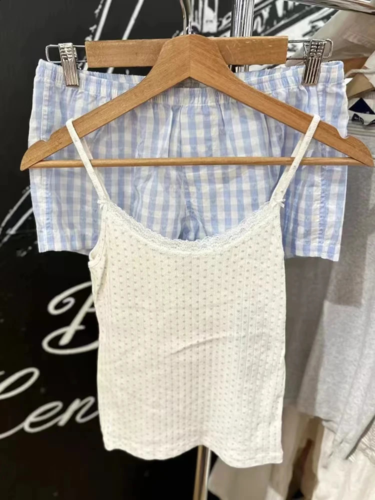 Blue Heart Eyelet Vest Pants Sets Summer Bow Slim CamisHigh Waist Straight Trousers Women Cotton Sweet Home Pajama 2 Piece Sets 241230