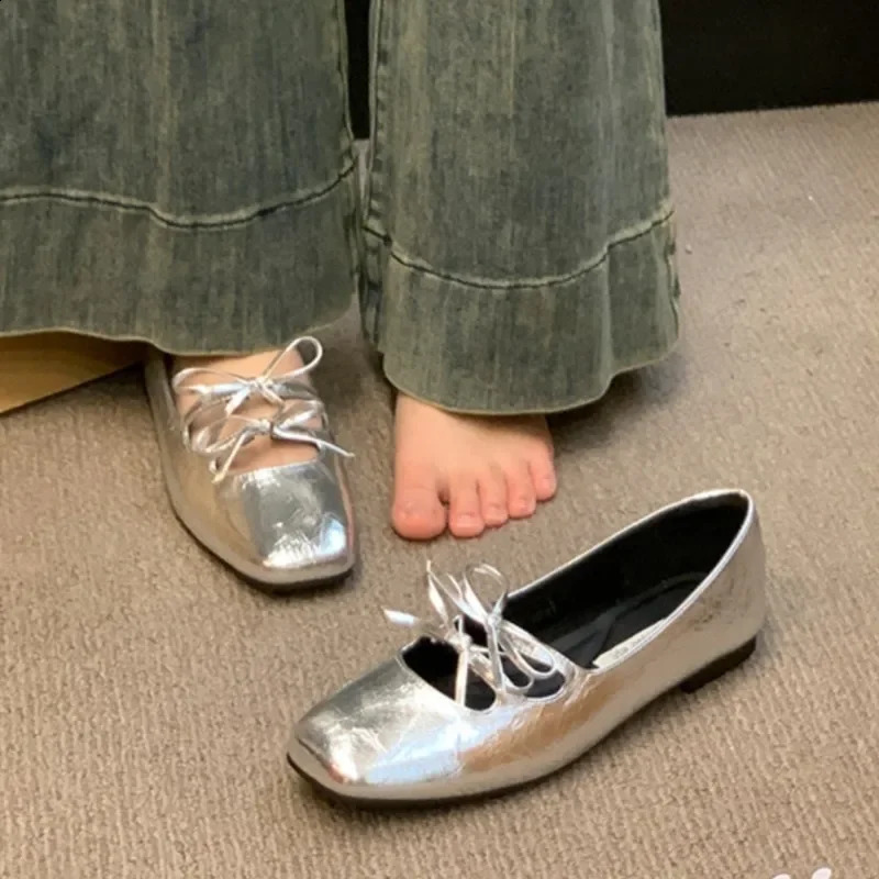 Womens Boat Shoes Square Toe Slip on Flat Double Bow Ballet Flats Girls Princess Leather Spring Zapatos Mujer 241225