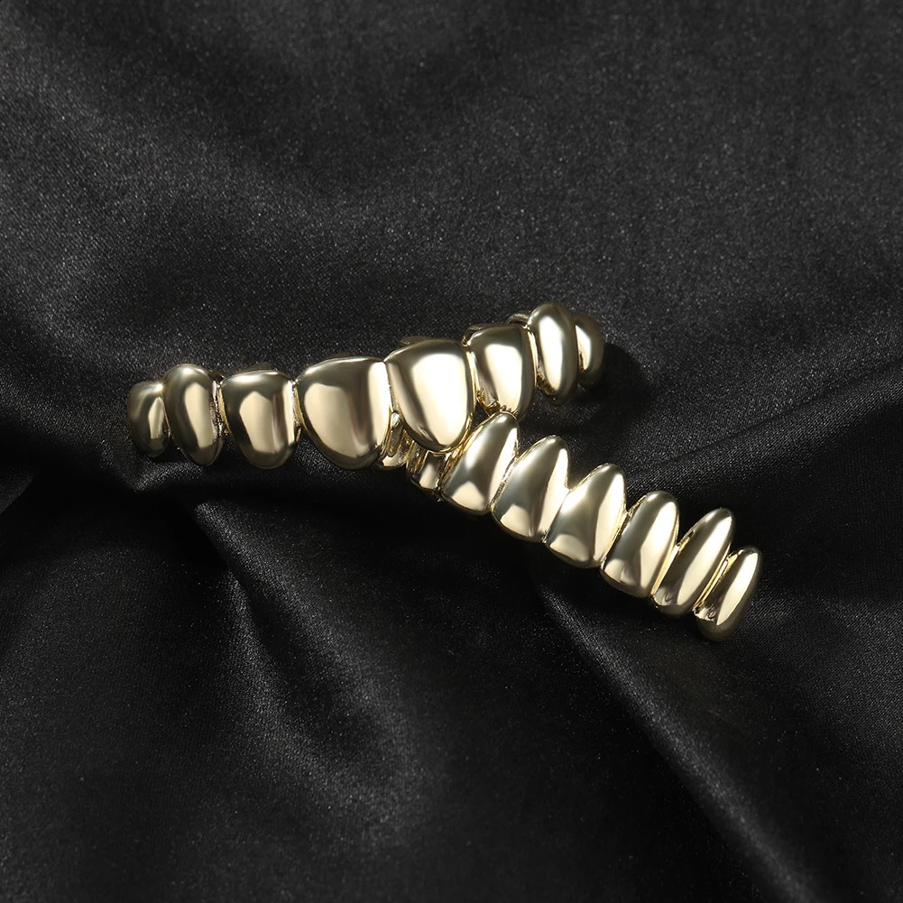 THE BLING KING 14K Gold Plated Polished Set Top Bottom 8 Teeth Halloween Mouth Copper Caps For Hip Hop Party Performance 241226