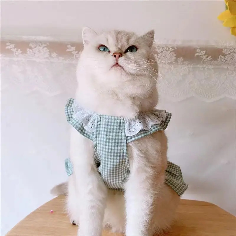 Spring Summer Little Flying Sleeves Cat Dress Checkered Pet Vest Skirt Dog Clothes Girl Heart Cat Clothes 241231