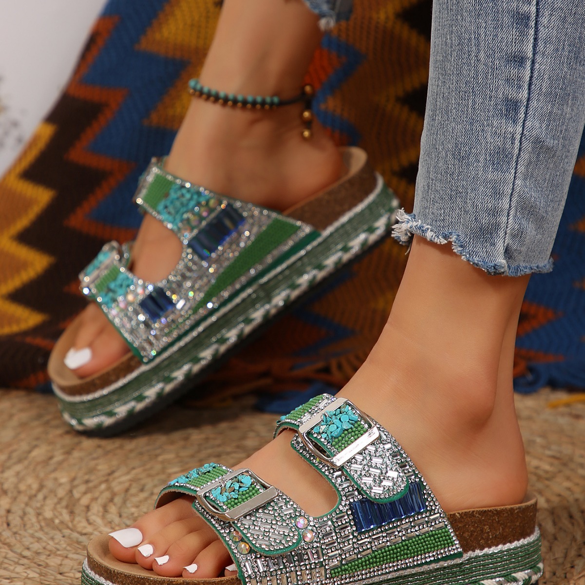 2025 summer new retro fashion thick NEW sole double buckle dia-like slippers for women every beach big size 36-43 women's shoes