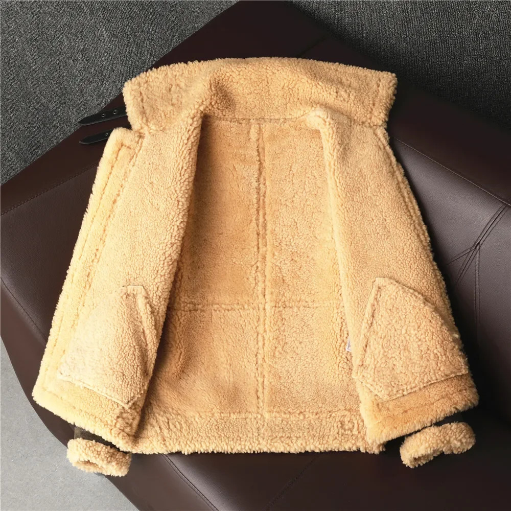 B3 Male Coats Vintage Brown Biker Man Clothing Mens Sheepskin Genuine Leather Jacket Winter Warm Shearling Wool Fur Coat 241230