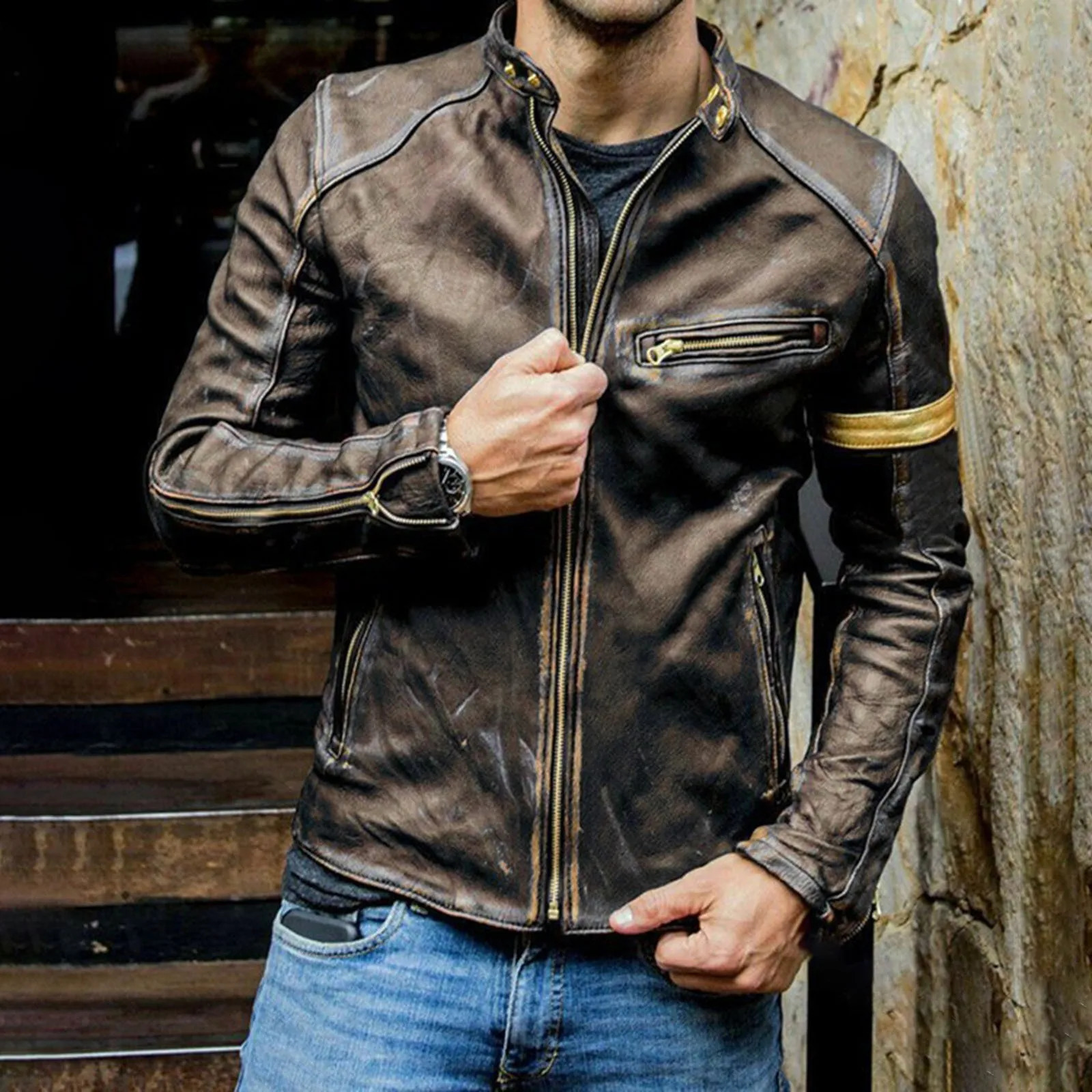 Mens Biker Leather Jacket Stand Collar Punk burgundy Motorcycle Zipper handsome Autumn Winter Coat Leatherwear Outerwear Male 241230
