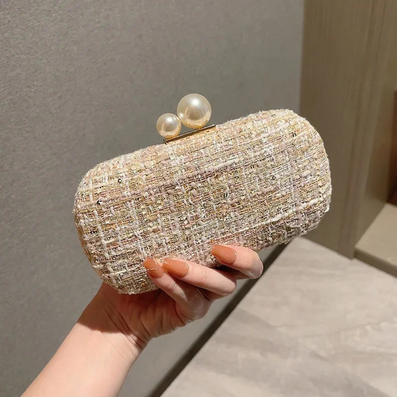 Sequin Tweed Evening Bag Faux Pearl Clutch Purse Plaid Pattern Handbags for Wedding Party Prom Small Shoulder Crossbody Bags 241231