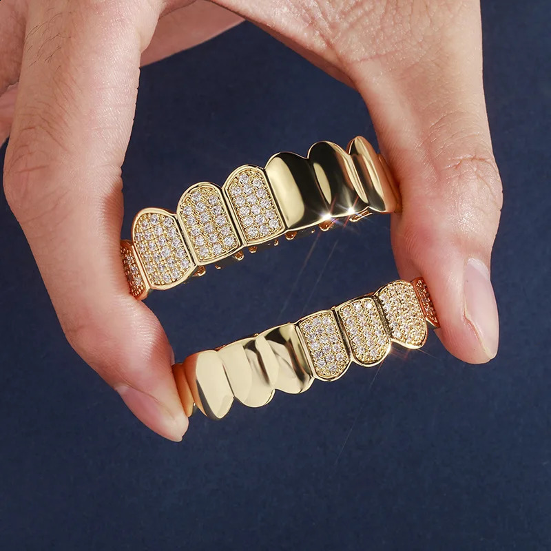 Hip Hop Half CZ Teeth Caps Bling Iced Out Cubic Zircon Micro Pave Top Bottom Charm Grills Set For Men Women Jewelry Gif 241226